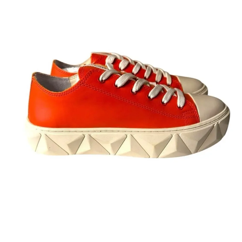 Schutz NEW Leather Lace Up Sneakers Energy Gianni Bright Orange Size 8.5 Women